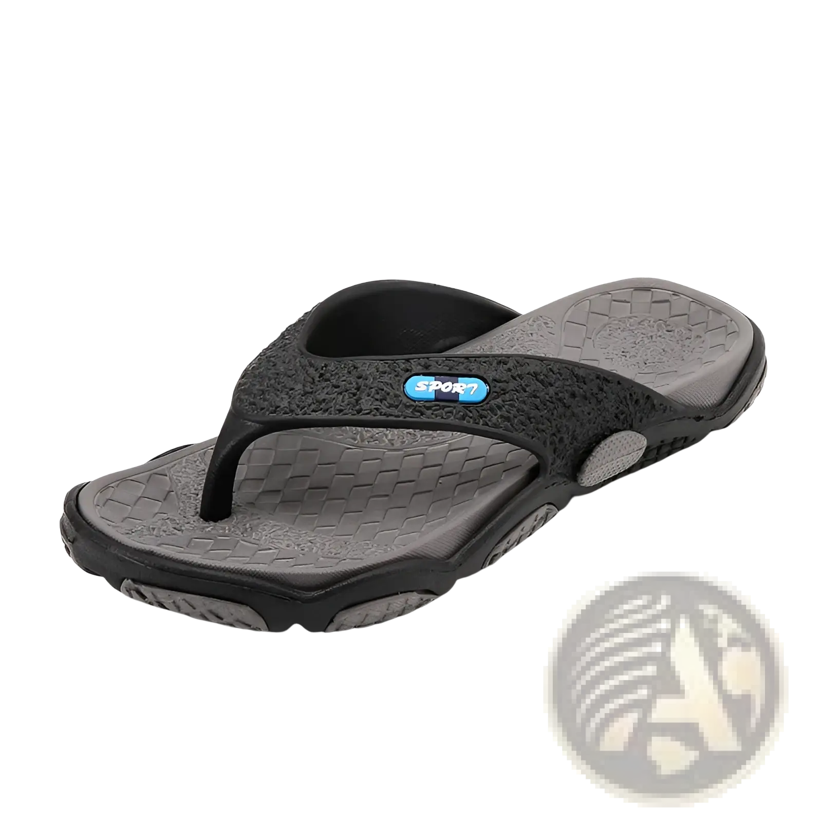 Black and gray men’s non slip beach flip flops with cushioned rubber sole and textured woven pattern on strap