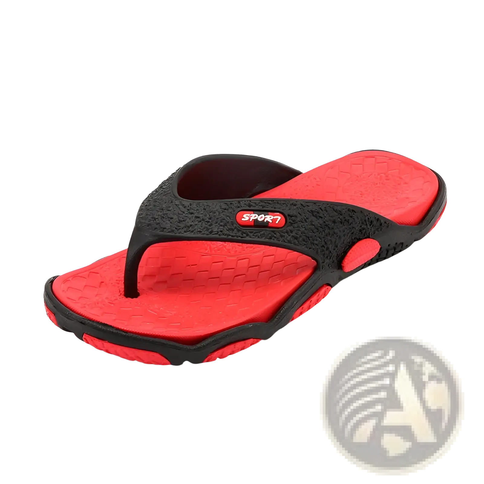 Men’s red and black sport7 non-slip flip-flop with textured rubber sole and cushioned strap for beach use