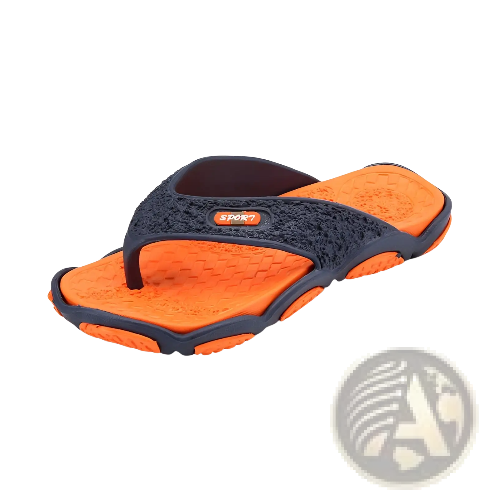 Men’s non-slip beach flip flops with bright orange and dark gray textured woven upper and rubber cushioned sole