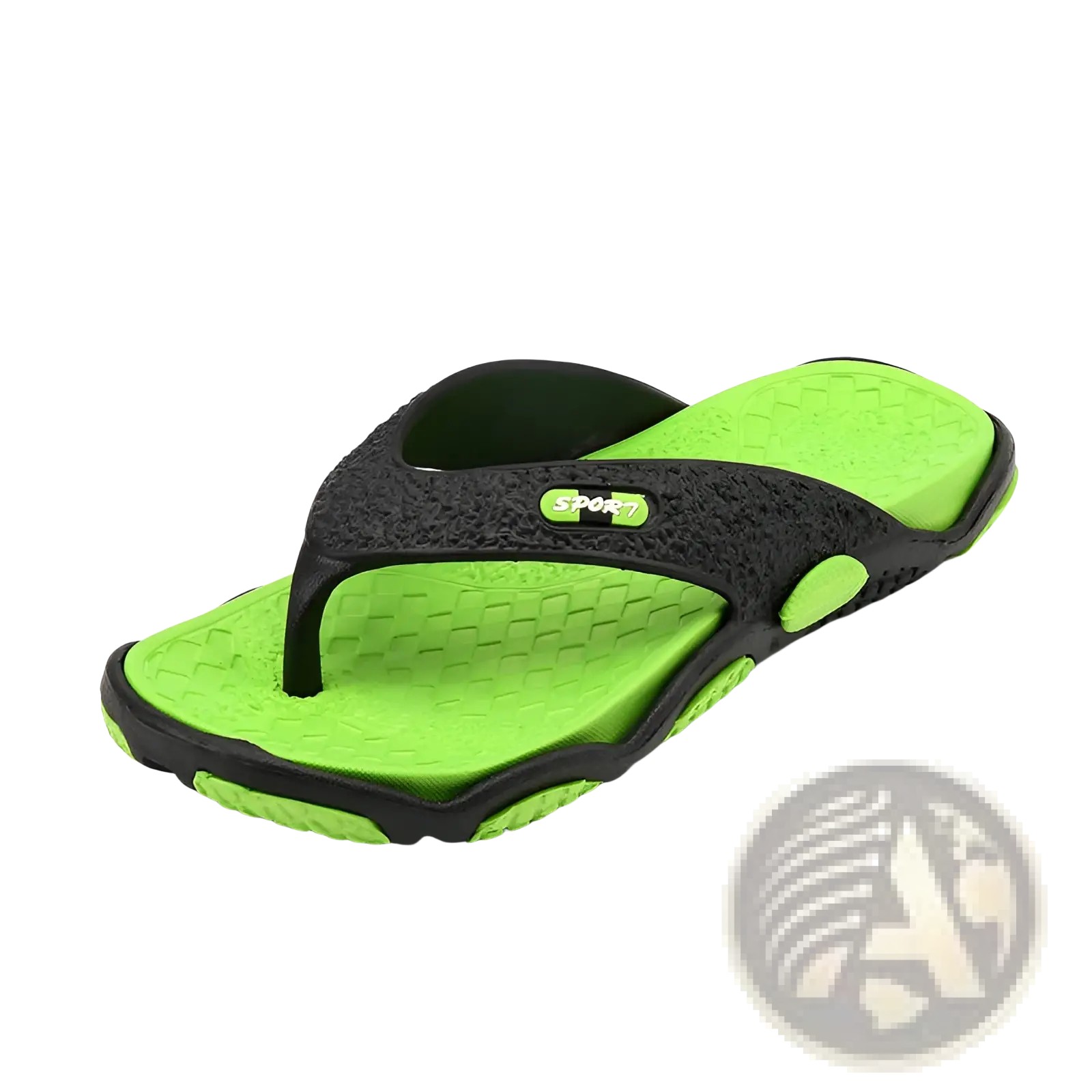 Bright green and black men’s non-slip beach flip flop made of rubber with textured sole and cushioned strap