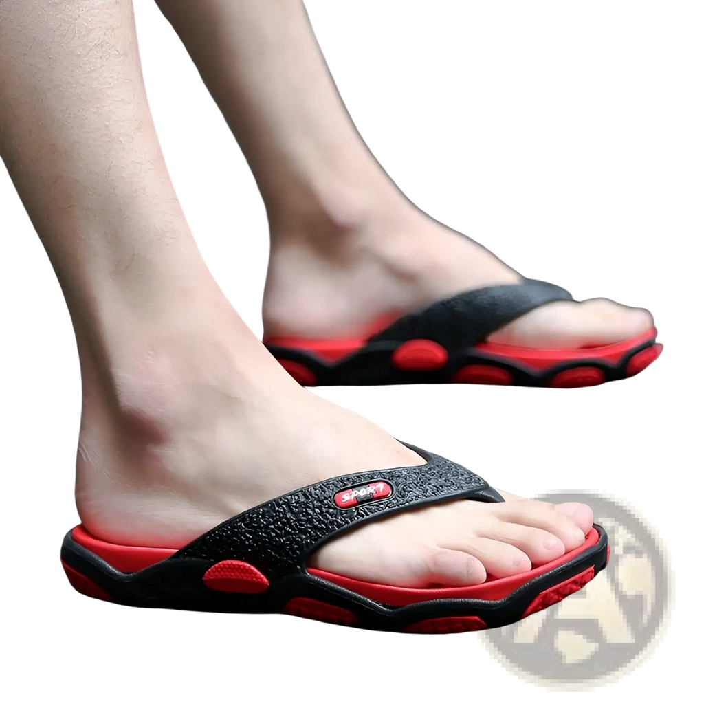 Men’s black and red rubber non-slip beach flip flops with textured strap and cushioned sole