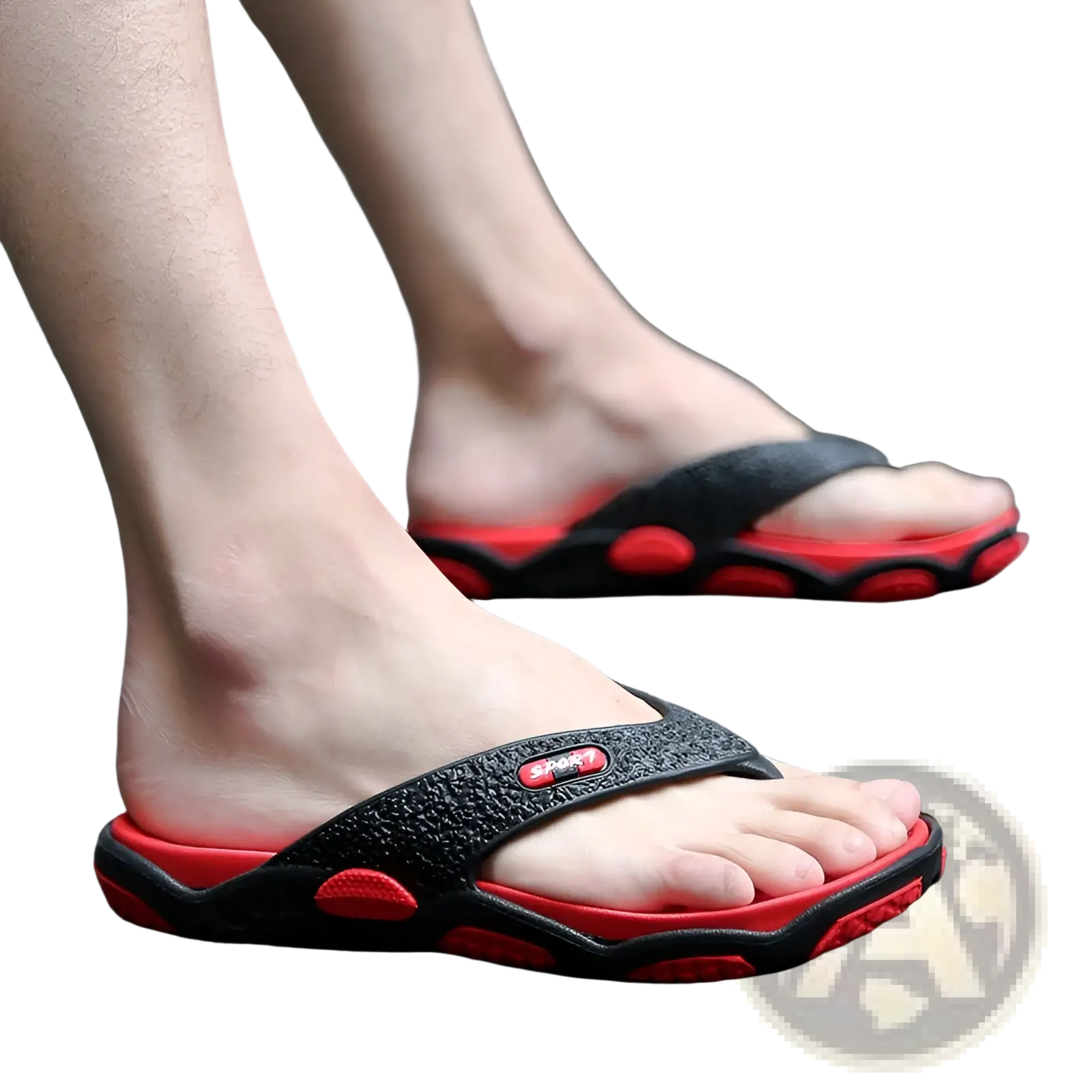 Men’s black and red rubber non-slip beach flip flops with textured strap and cushioned sole