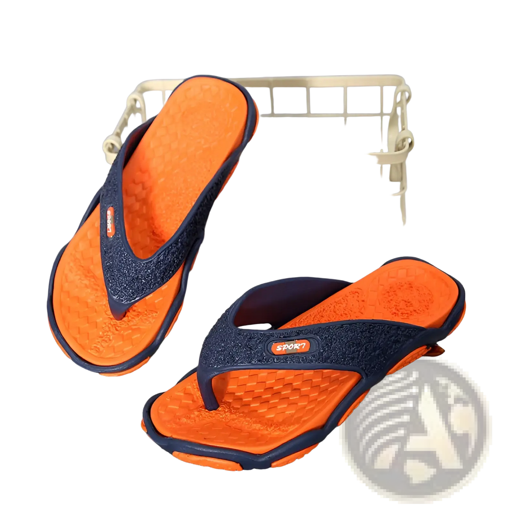 Men’s non-slip beach flip flops with bright orange and navy blue cushioned sandals featuring textured woven straps