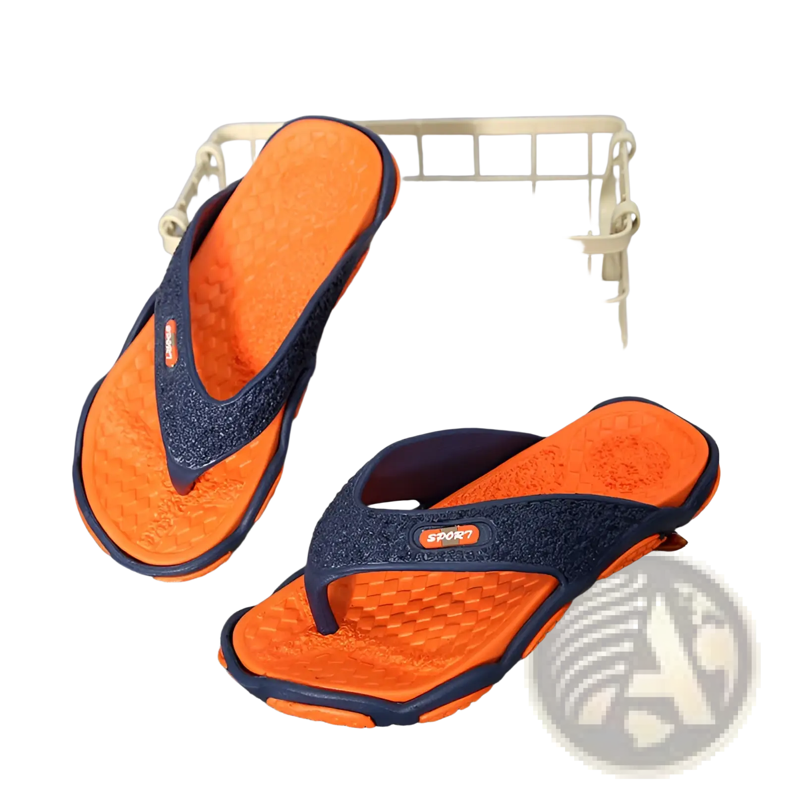 Men’s non-slip beach flip flops with bright orange and navy blue cushioned sandals featuring textured woven straps