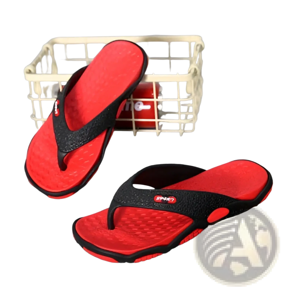 Men’s non-slip beach flip flops in red and black with textured rubber sole and cushioned padded insole