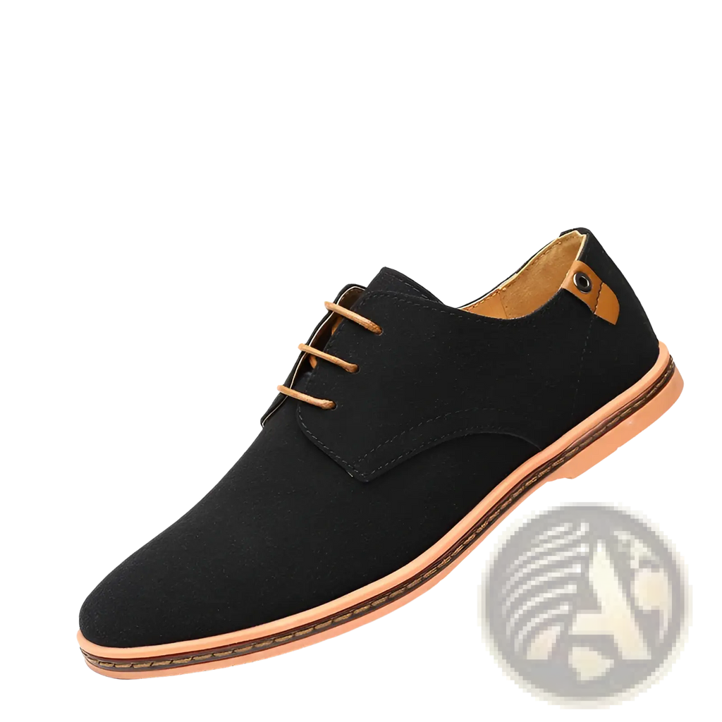 Men’s nubuck leather casual suede lace up shoe in black with tan laces and matching tan sole