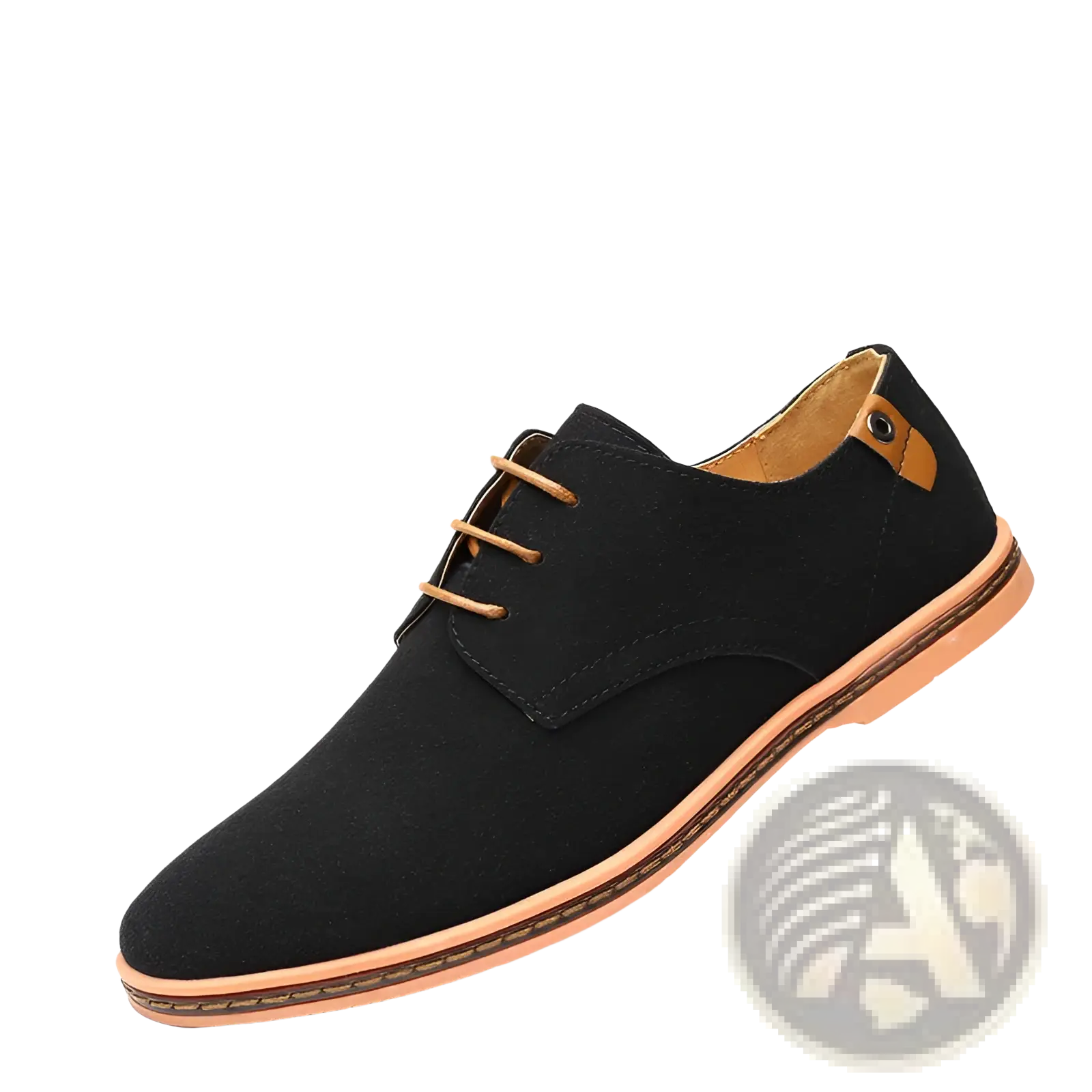 Men’s nubuck leather casual suede lace up shoe in black with tan laces and matching tan sole