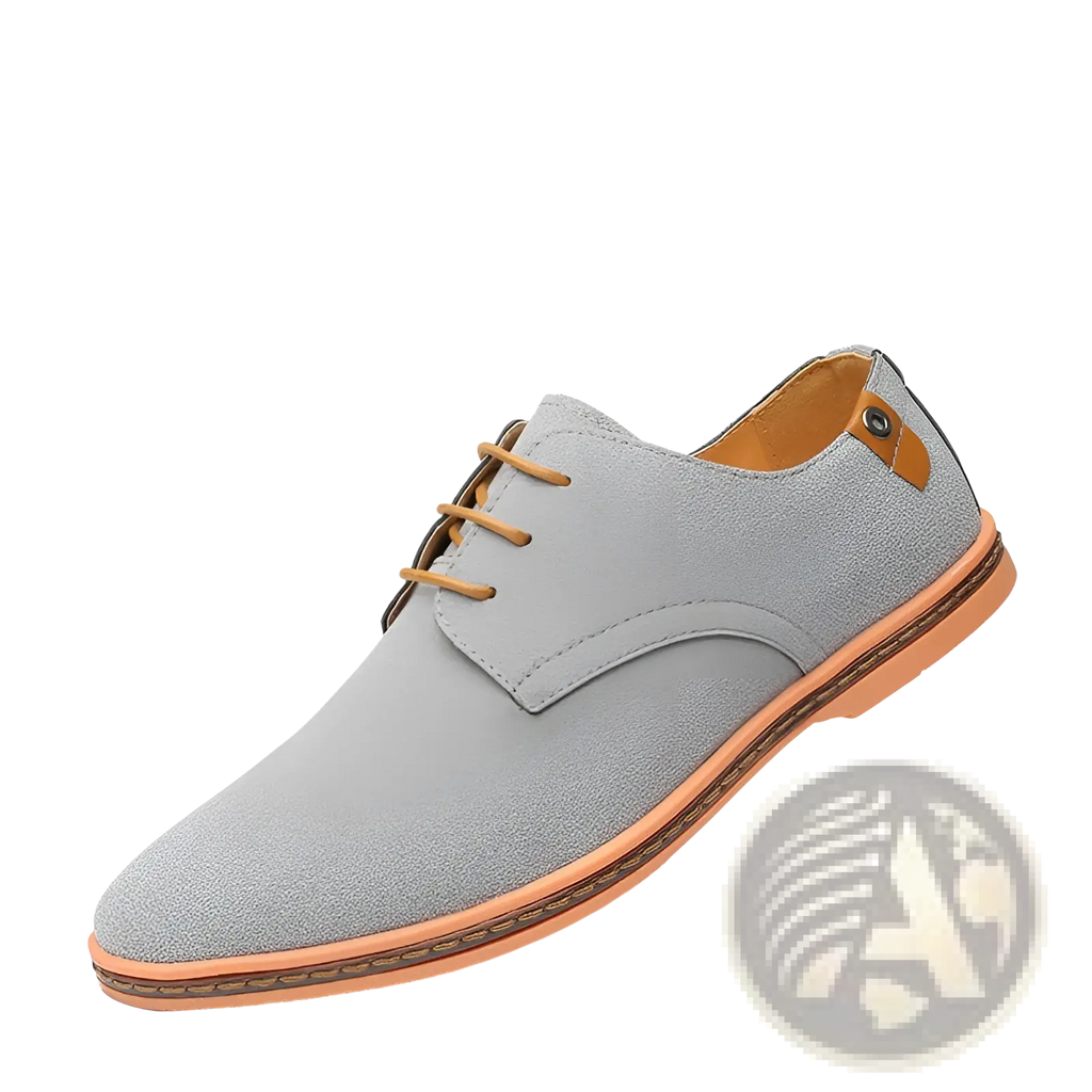Men’s nubuck leather casual suede lace-up shoe in gray with tan laces and a matching tan sole