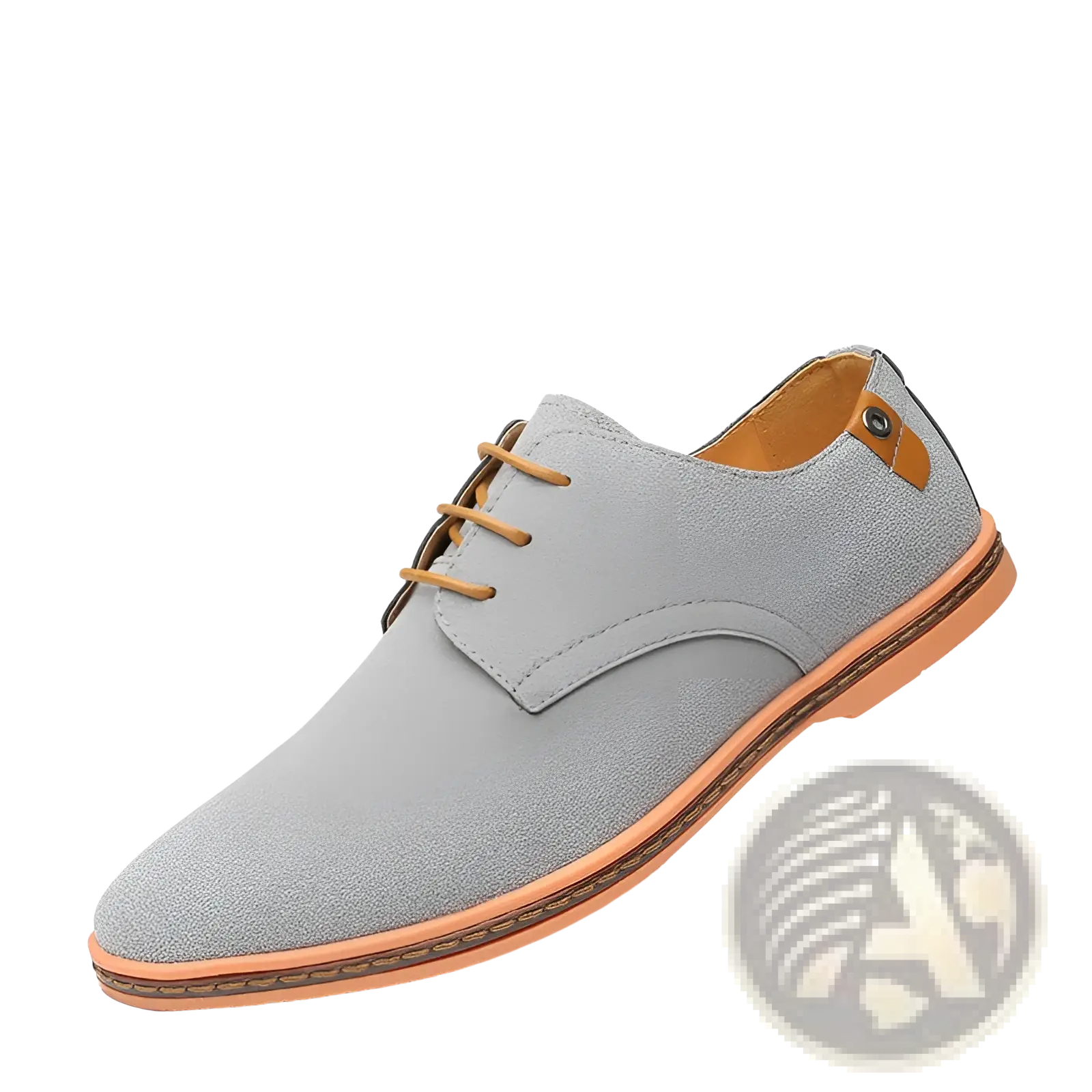 Men’s nubuck leather casual suede lace-up shoe in gray with tan laces and a matching tan sole