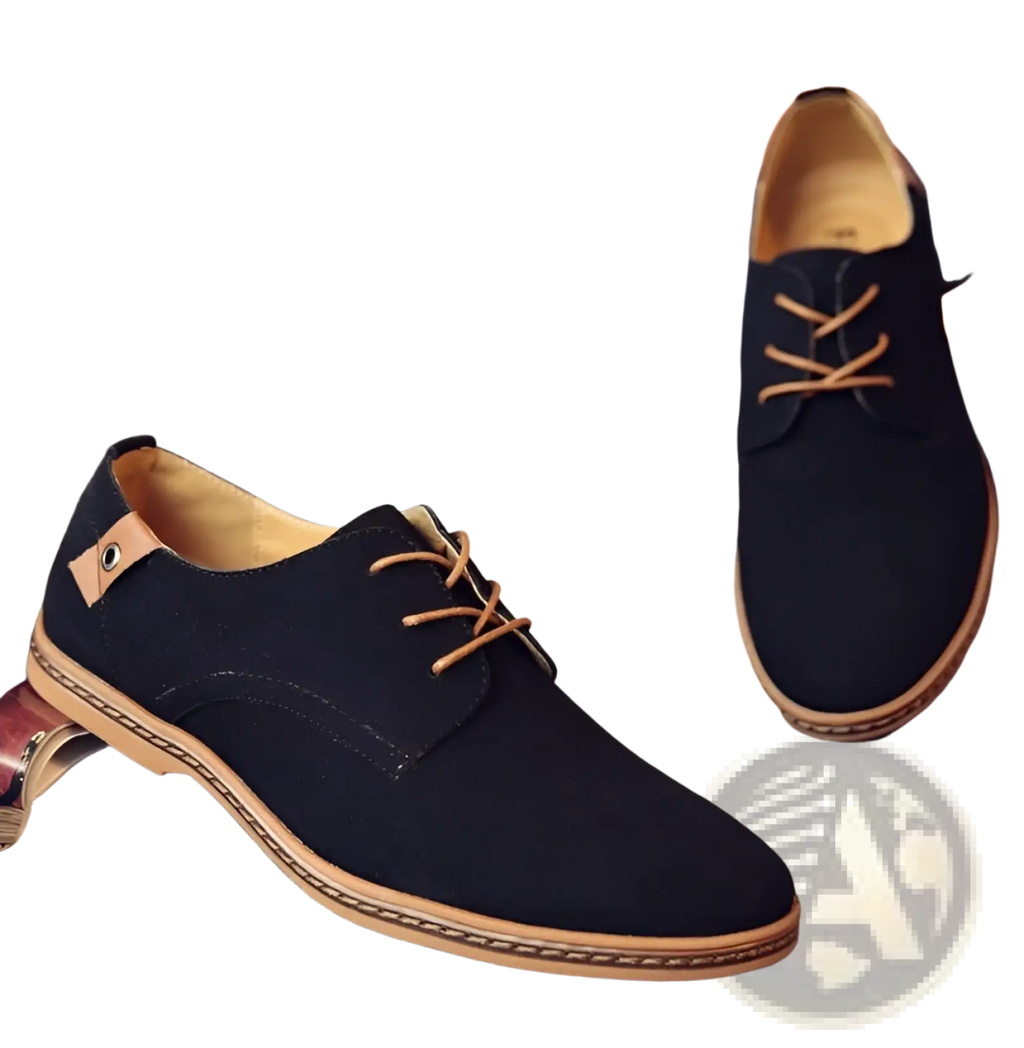 Men’s nubuck leather casual suede lace up shoes in black with tan laces and matching tan sole