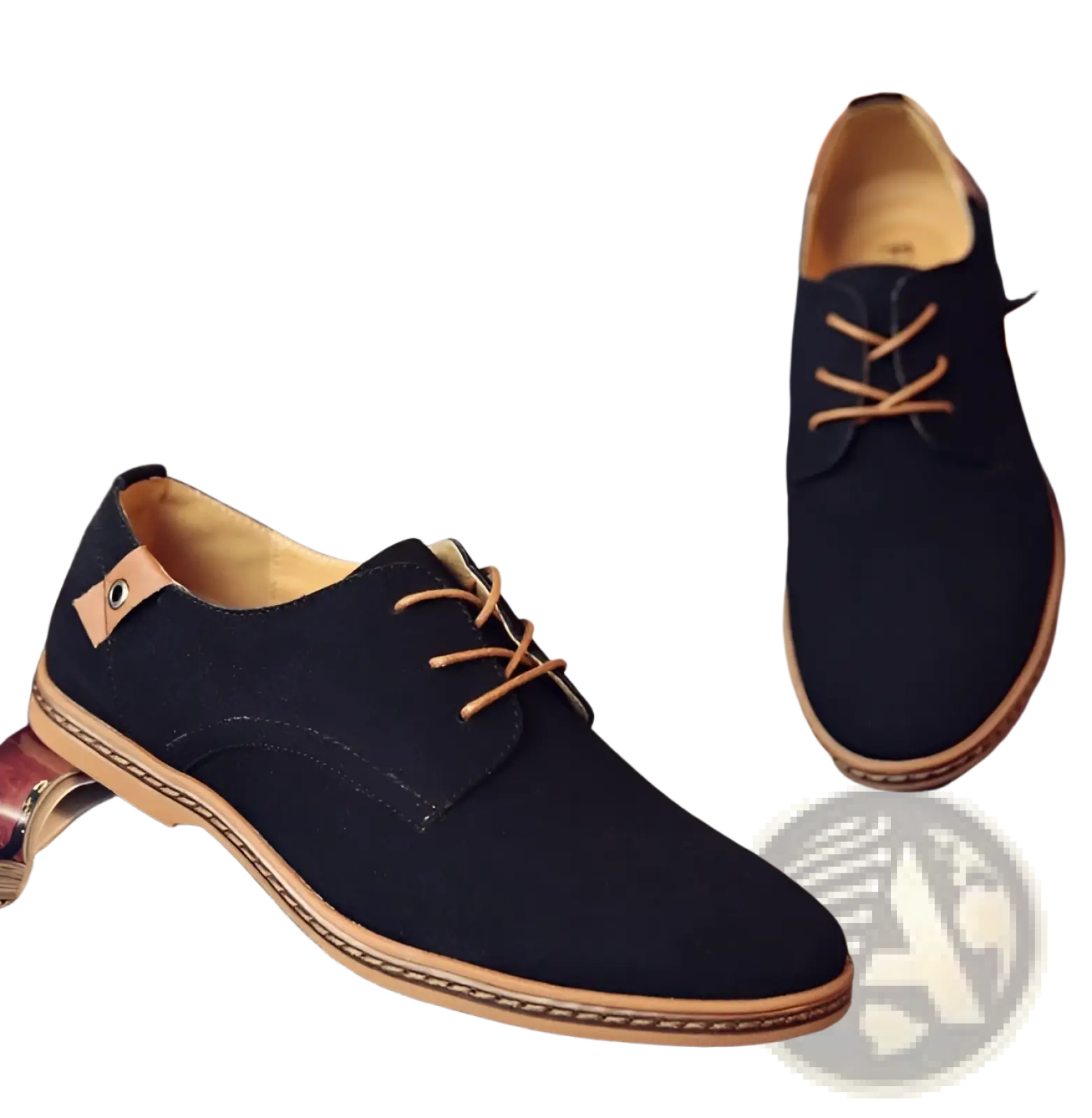 Men’s nubuck leather casual suede lace up shoes in black with tan laces and matching tan sole