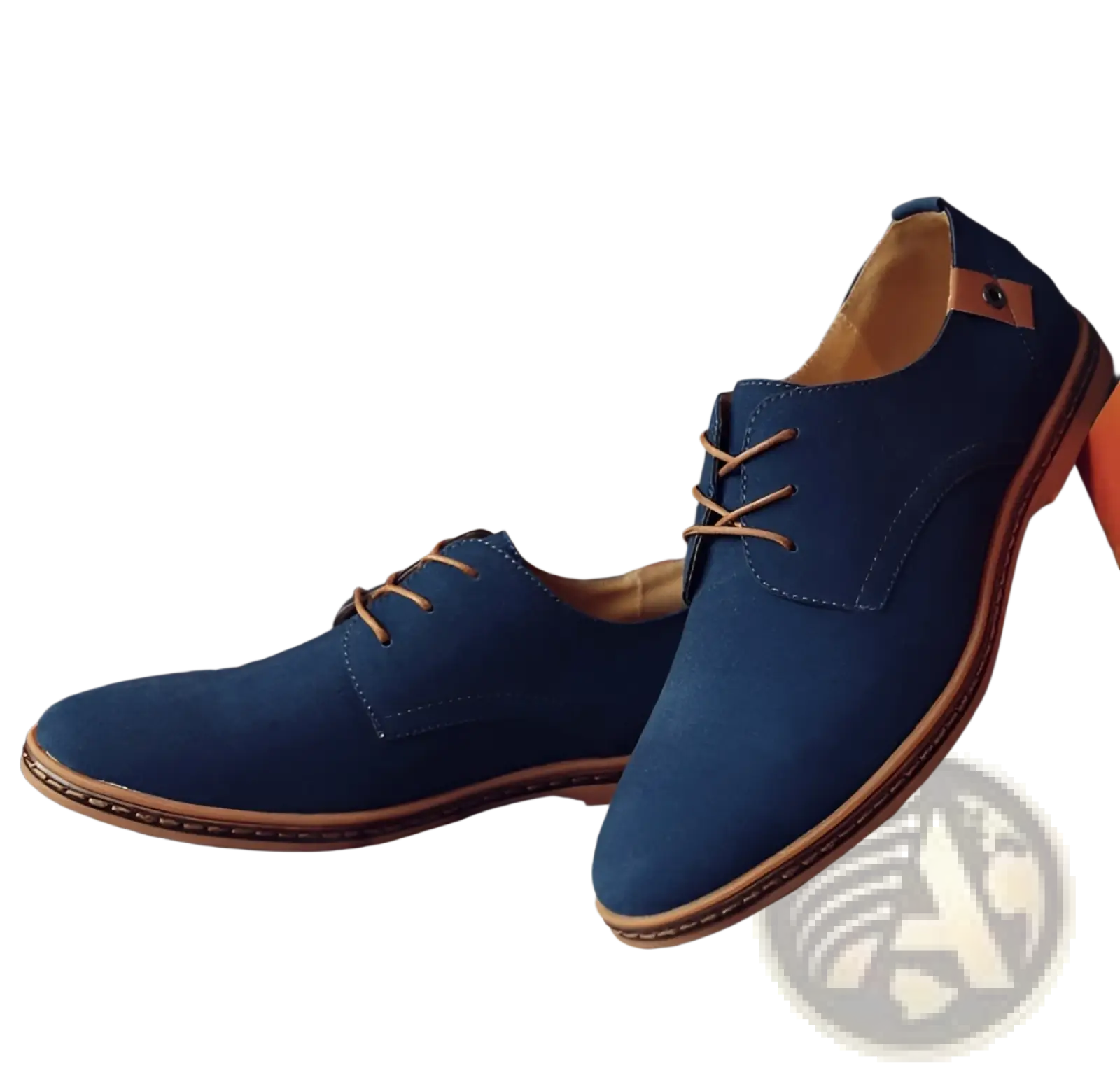 Men’s navy blue nubuck leather casual suede lace up oxford shoes with tan leather accents and stitching
