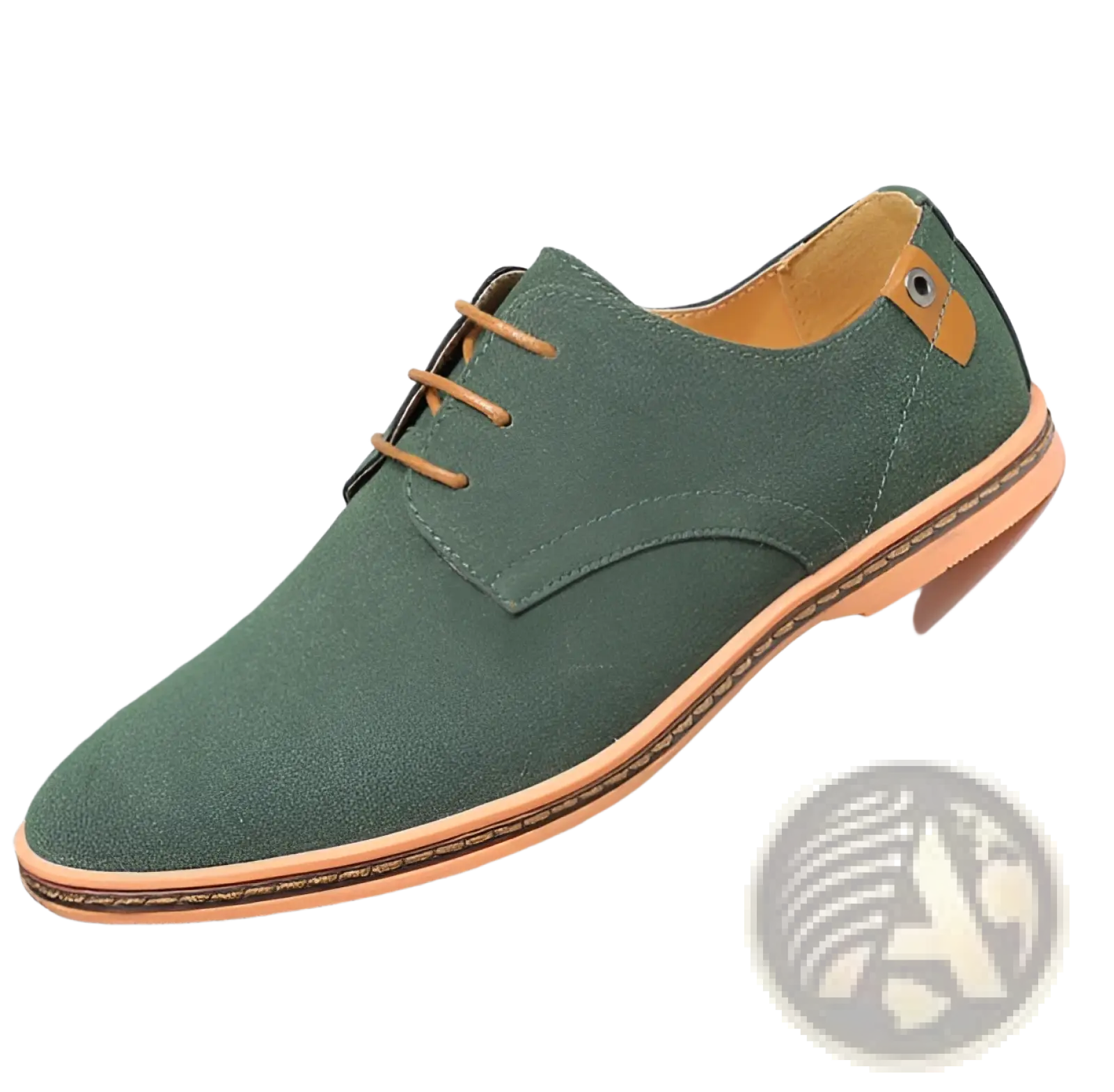 Men’s nubuck leather casual green suede lace up shoe with tan laces lining and sole trim
