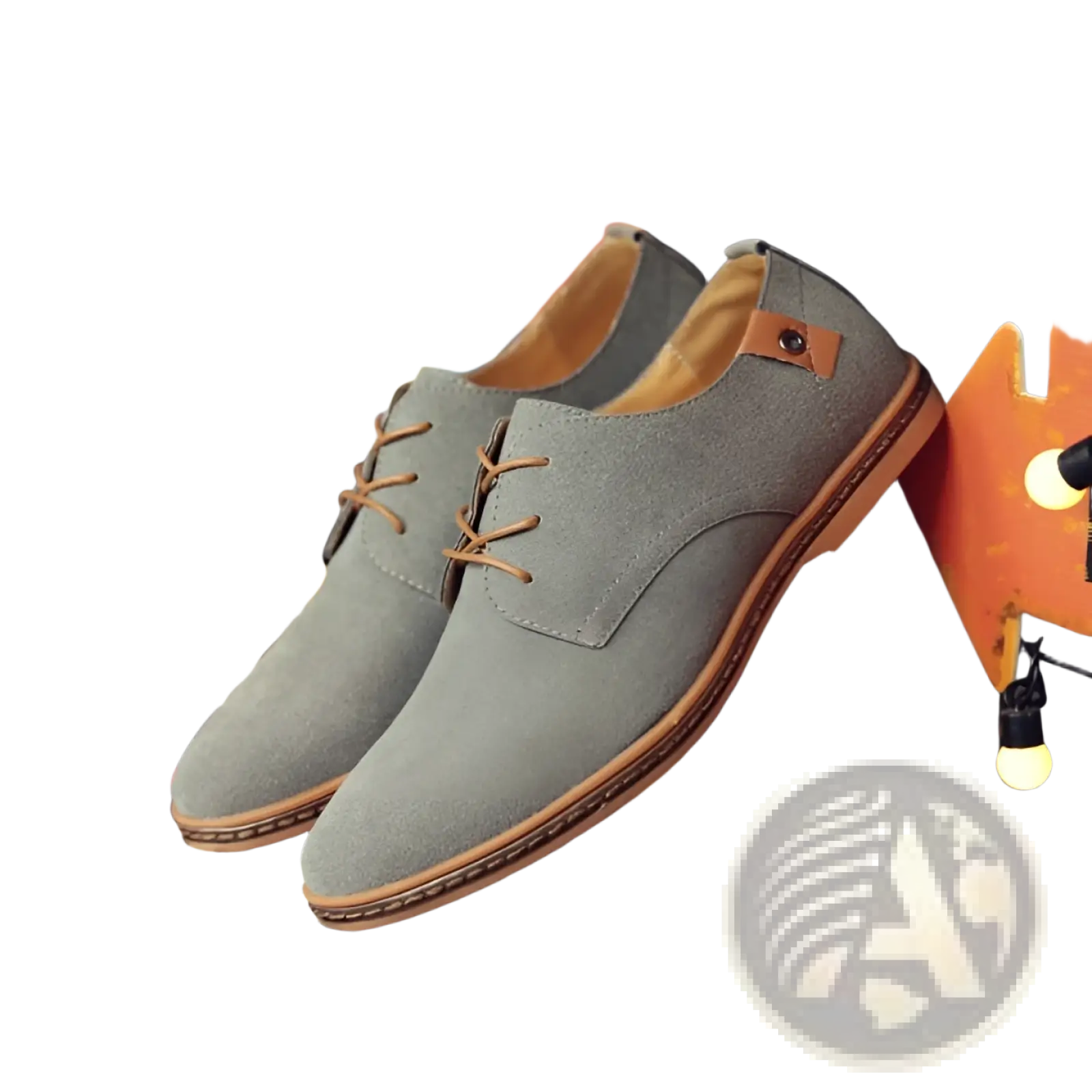 Men’s nubuck leather casual suede lace up oxford shoes in gray with tan leather accents and laces