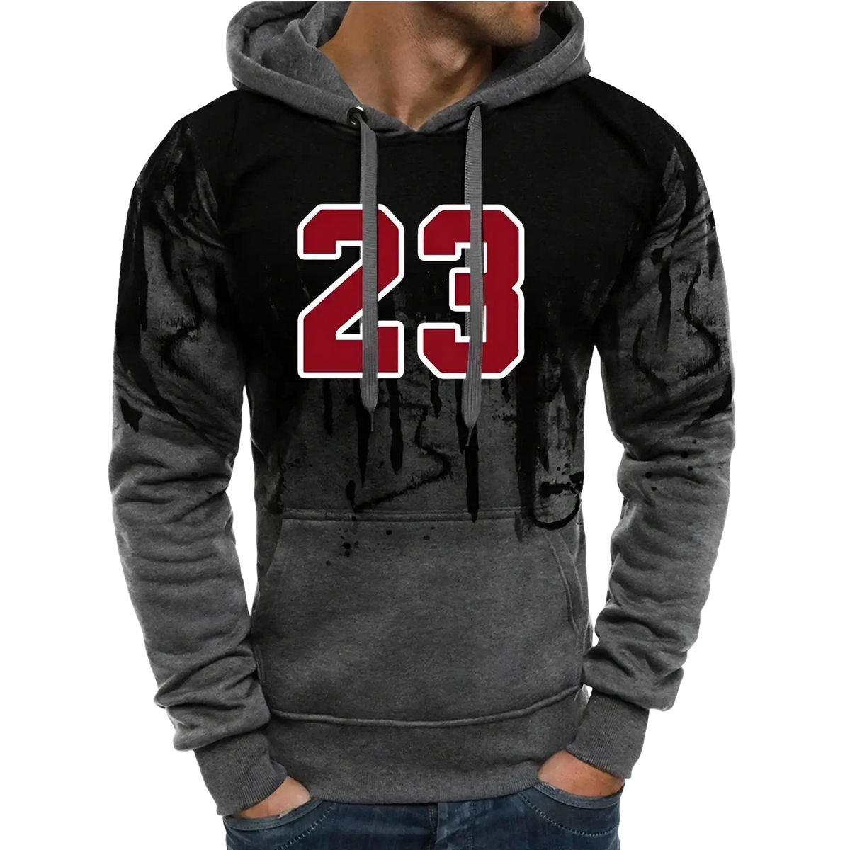 Men’s number 23 hoodie and jogger set in black and gray with distressed red 23 numerals and faded black splatter sleeves
