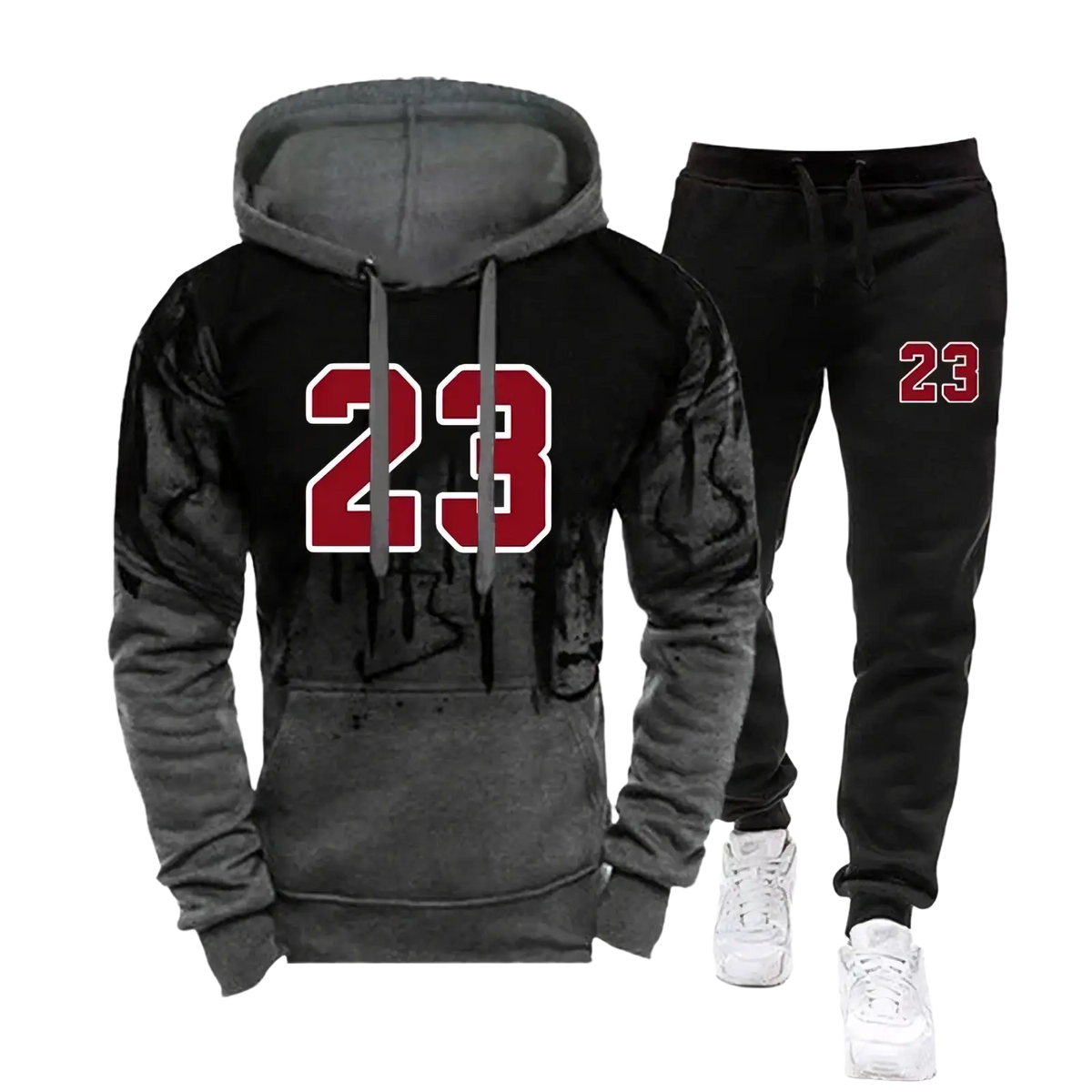 Men’s black and gray hoodie and jogger set with red 23 graphic featuring matching number design for casual wear