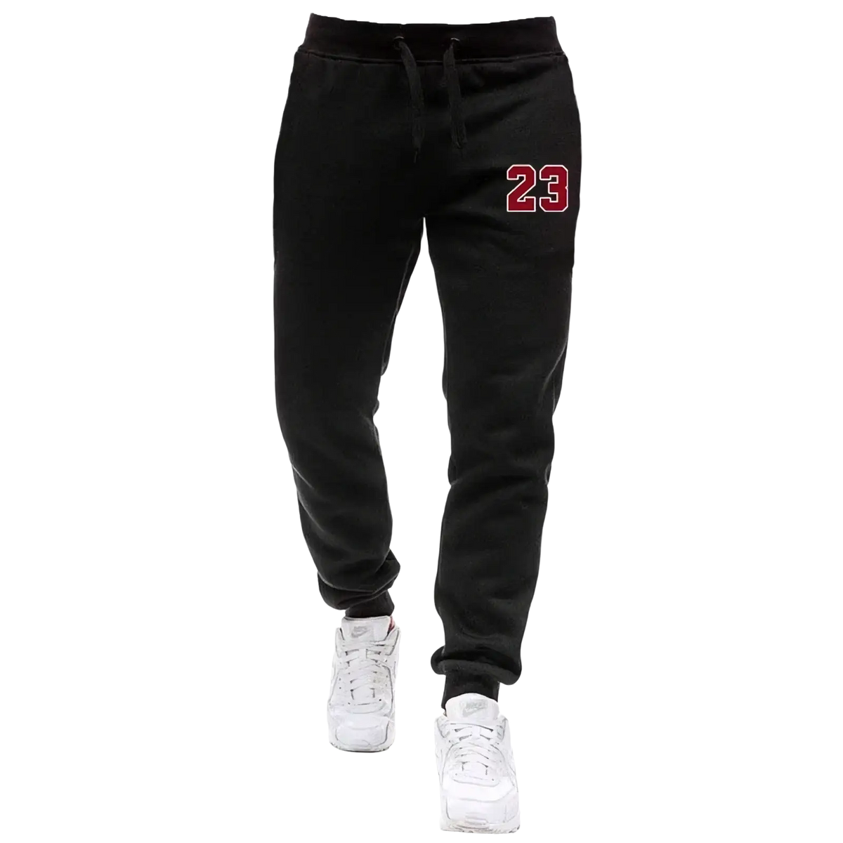 Black jogger pants with red 23 embroidery on the thigh from the men’s number 23 hoodie and jogger set