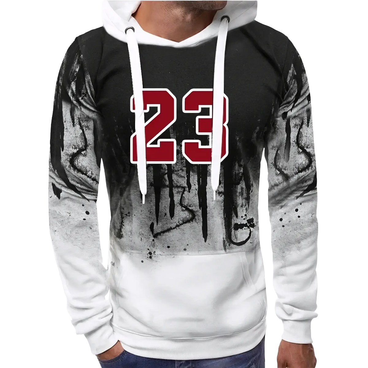 Men’s number 23 hoodie in black and white gradient with red 23 graphic and distressed graffiti style sleeves