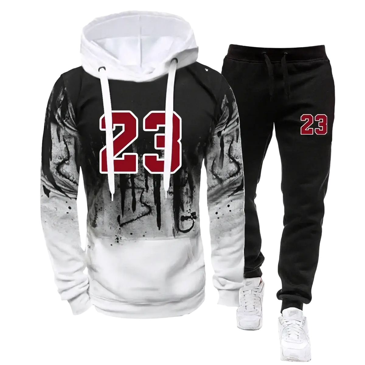 Men’s number 23 jogger set featuring black and white gradient hoodie and matching black joggers with red 23 graphic