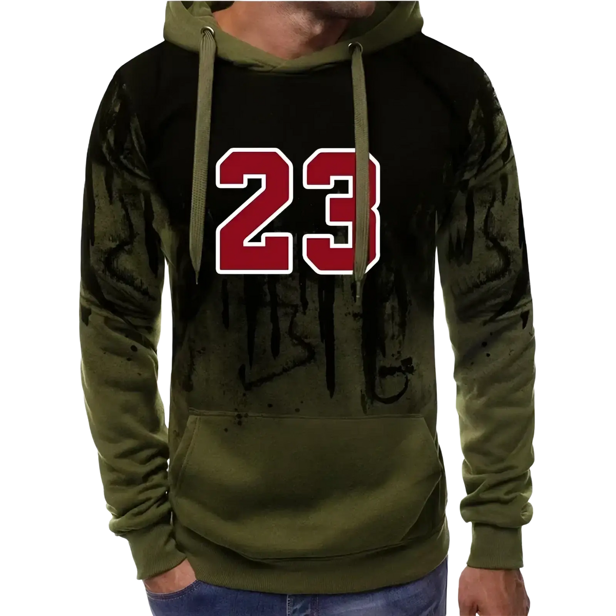 Men’s number 23 jogger set featuring an olive green hoodie with a distressed design and bold red 23 on the front