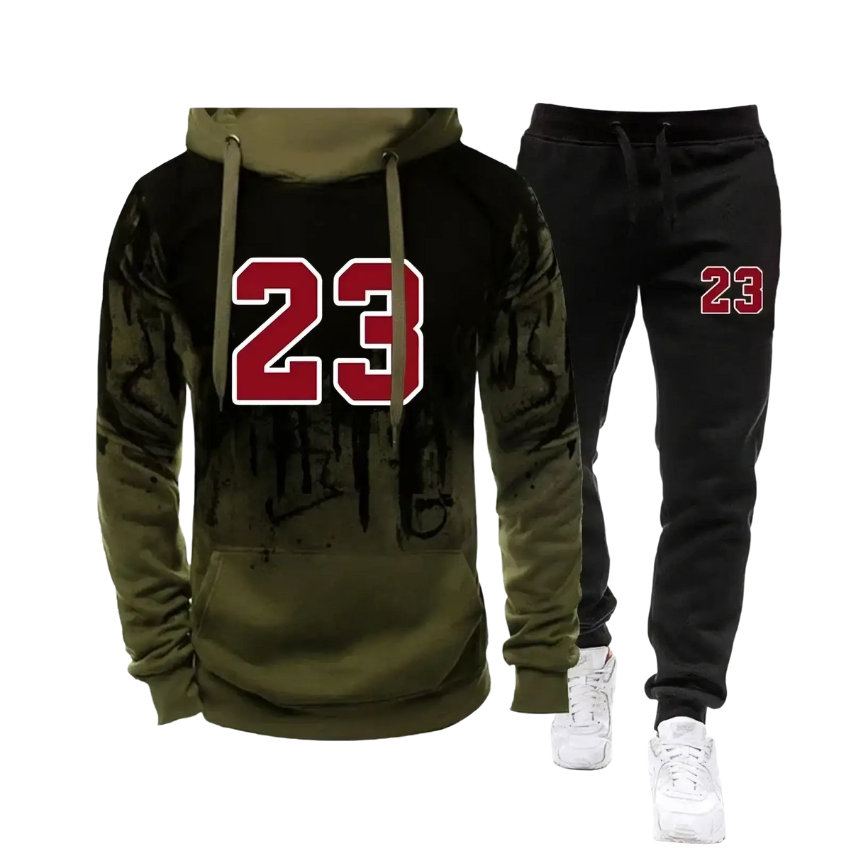 Olive green and black men’s number 23 hoodie and jogger set featuring red 23 graphic on back and matching joggers