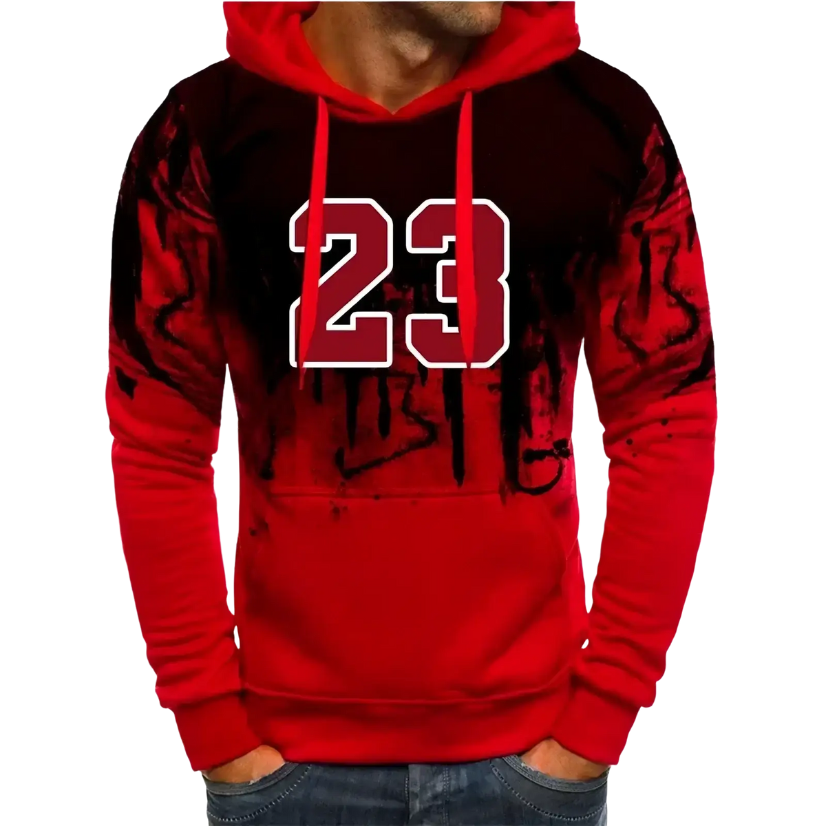 Men’s number 23 hoodie and jogger set featuring a red hoodie with black gradient graffiti design and white outlined numerals
