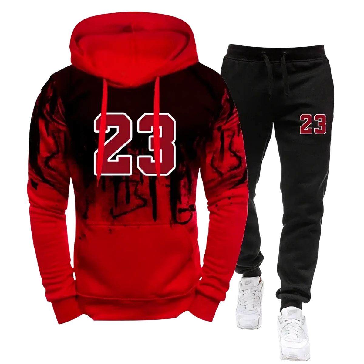 Mens number 23 hoodie and jogger set showing the back side with red black gradient hoodie and bold white 23 graphic
