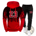 Mens number 23 hoodie and jogger set showing the back side with red black gradient hoodie and bold white 23 graphic