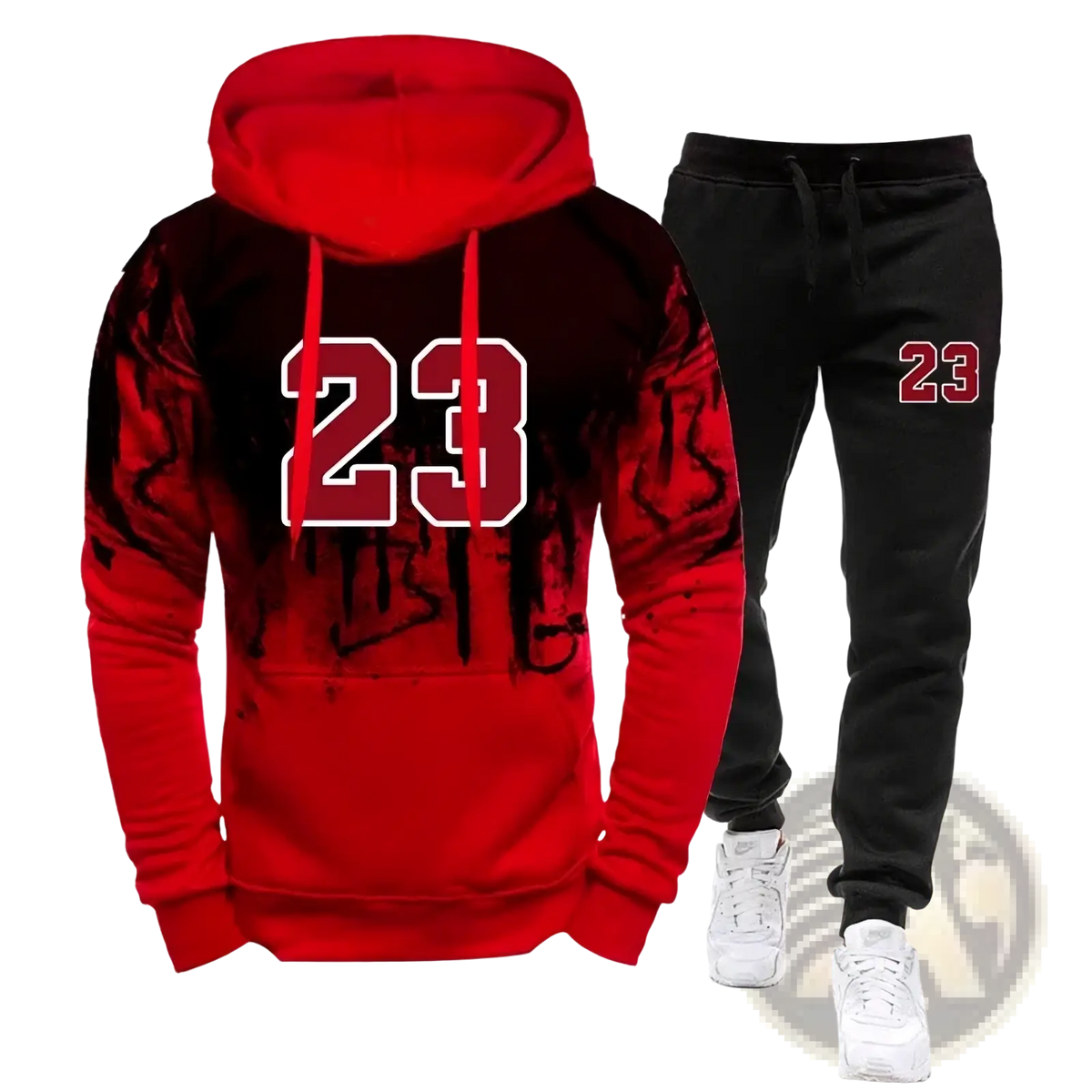 Mens number 23 hoodie and jogger set showing the back side with red black gradient hoodie and bold white 23 graphic