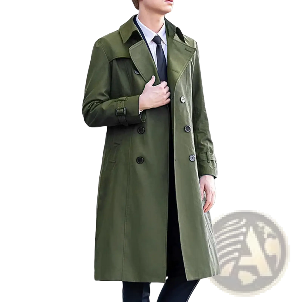 Men’s olive green trench coat with black buttons and classic double-breasted design in durable fabric
