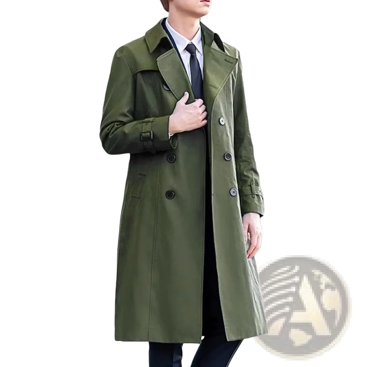 Men’s olive green trench coat with black buttons and classic double-breasted design in durable fabric