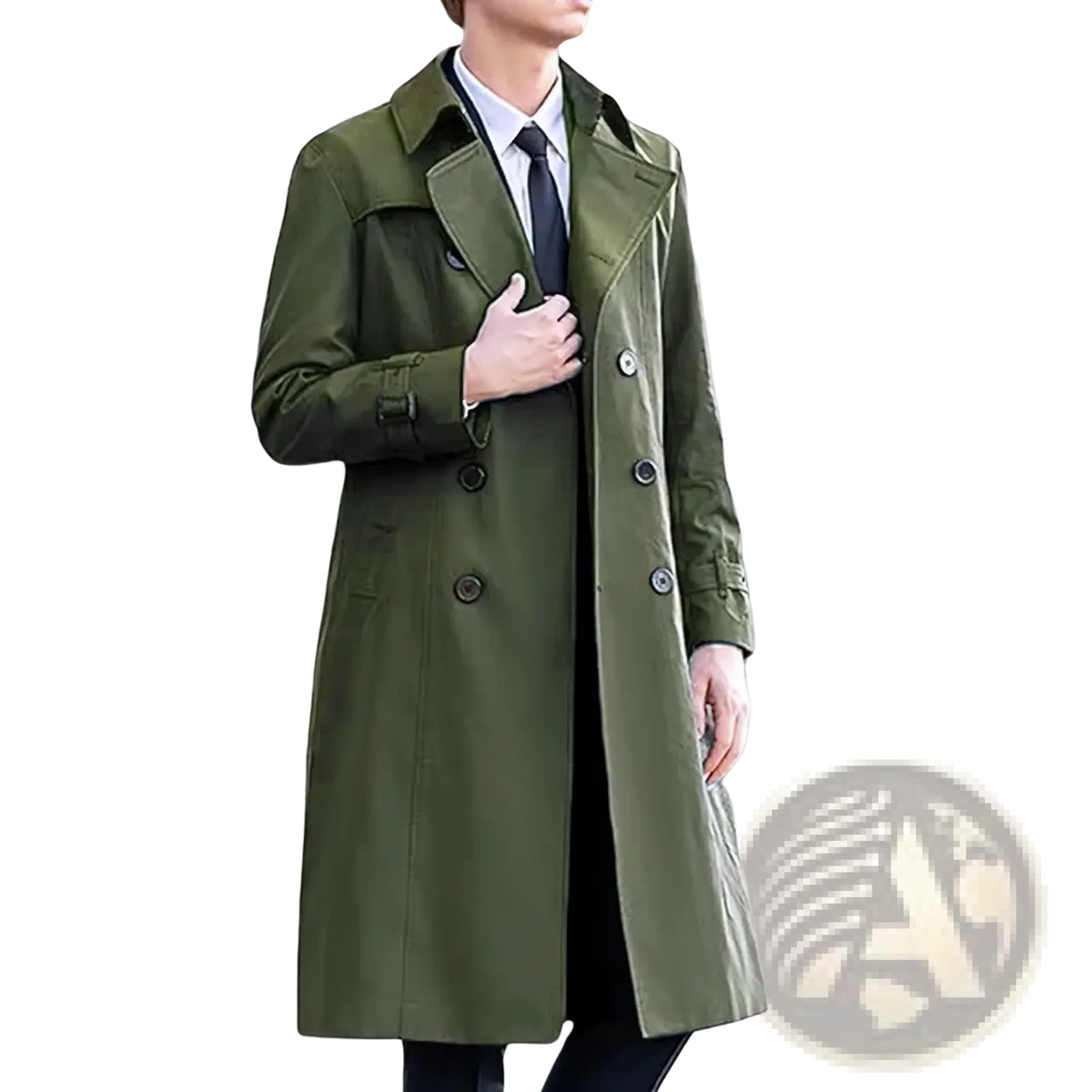 Men’s olive green double-breasted trench coat with black buttons in a classic design for stylish outerwear