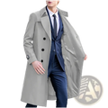 Men’s olive green double-breasted trench coat featuring a sleek light gray design with black buttons and belted waist