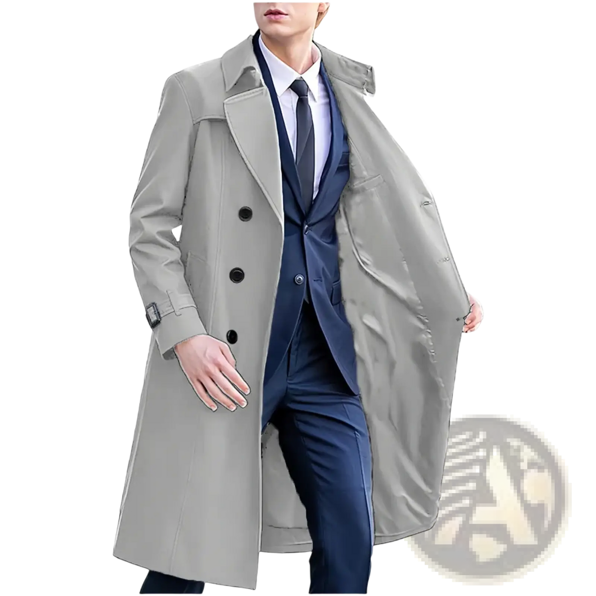 Men’s olive green double-breasted trench coat featuring a sleek light gray design with black buttons and belted waist