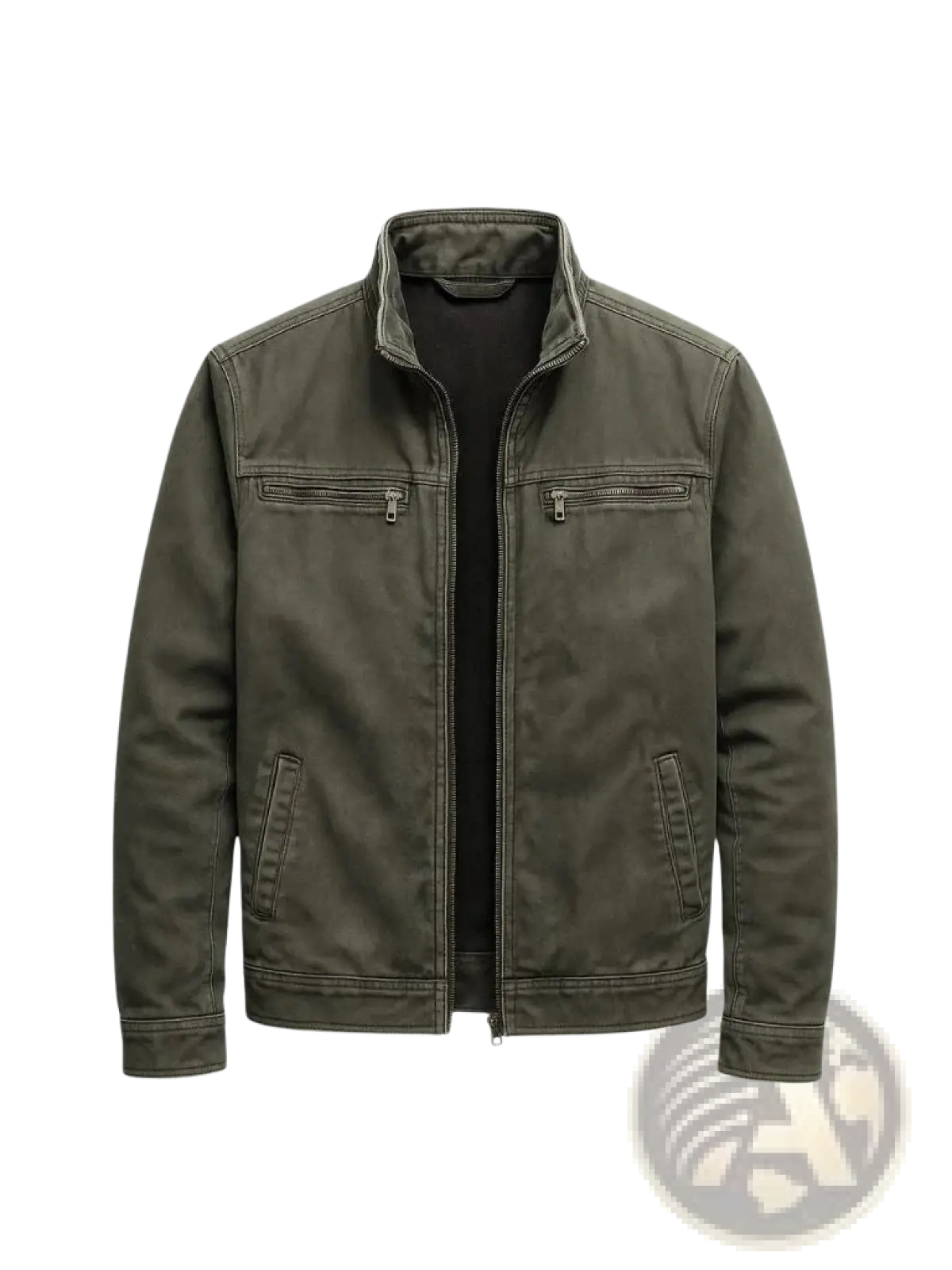 Men’s olive green faux leather workwear jacket with stand-up collar, chest zipper pockets, and side hand pockets