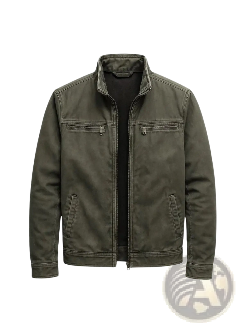 Men’s olive green faux leather workwear jacket with stand-up collar, chest zipper pockets, and side hand pockets