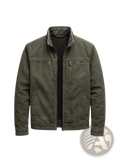 Men’s olive green faux leather workwear jacket with stand-up collar, chest zipper pockets, and side hand pockets