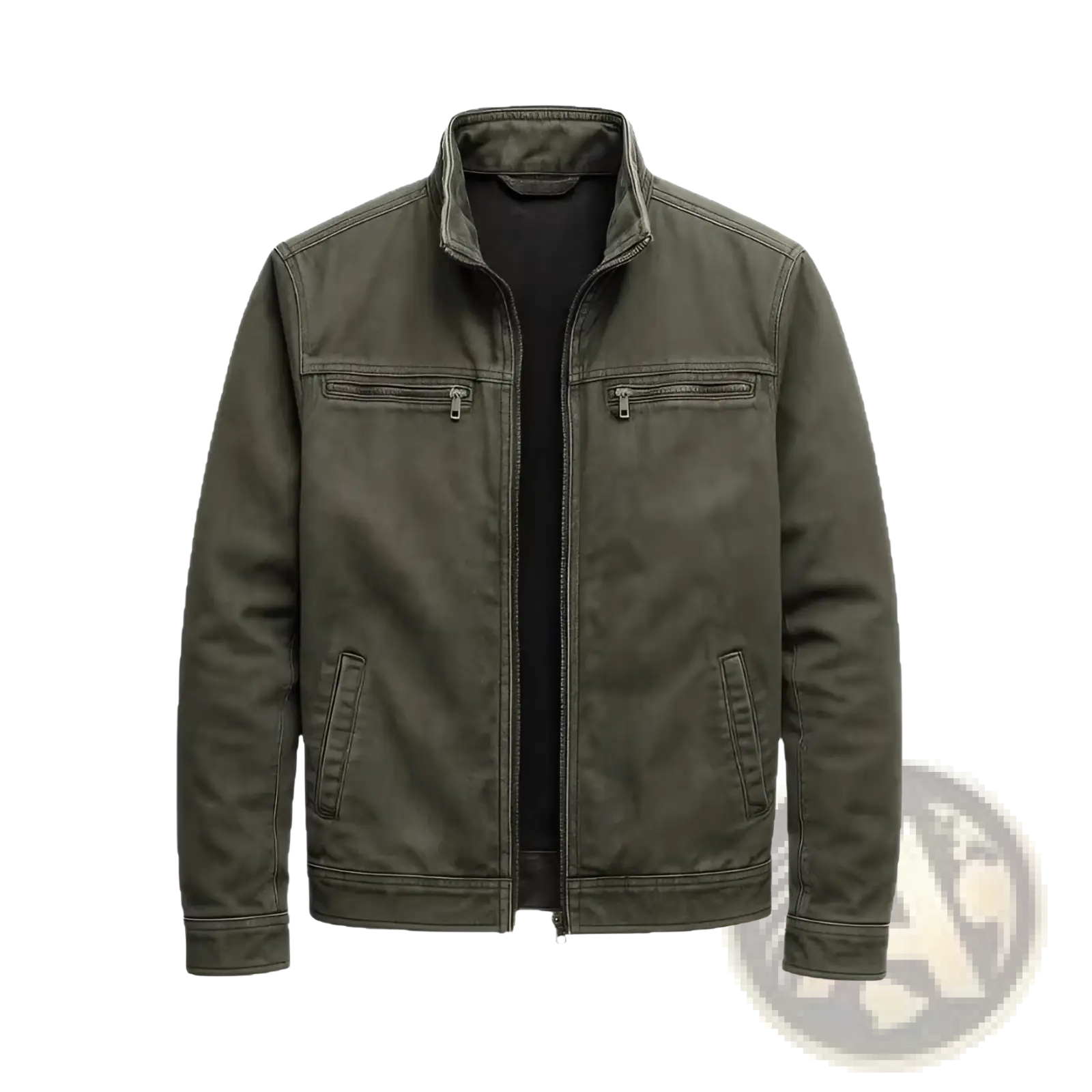 Men’s olive green faux leather workwear jacket with stand-up collar, front zipper closure, and zippered chest pockets