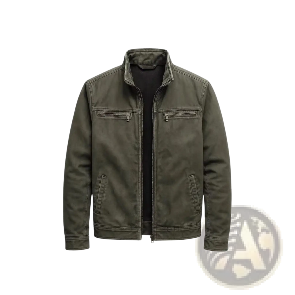 Men’s olive green faux leather workwear jacket with stand-up collar, zippered chest pockets, and side hand pockets