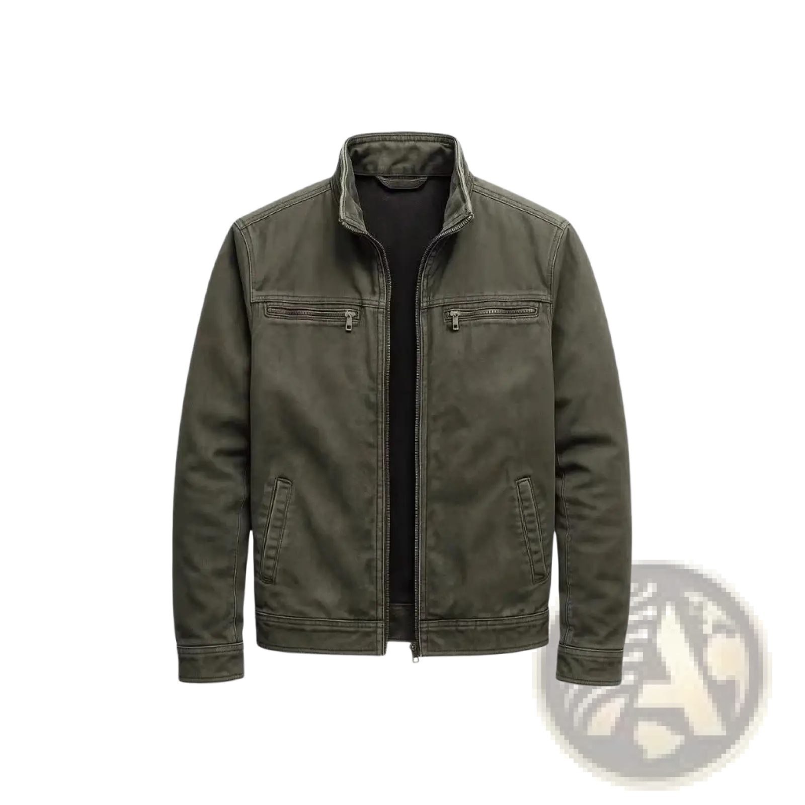Men’s olive green faux leather workwear jacket with stand-up collar, zippered chest pockets, and side hand pockets