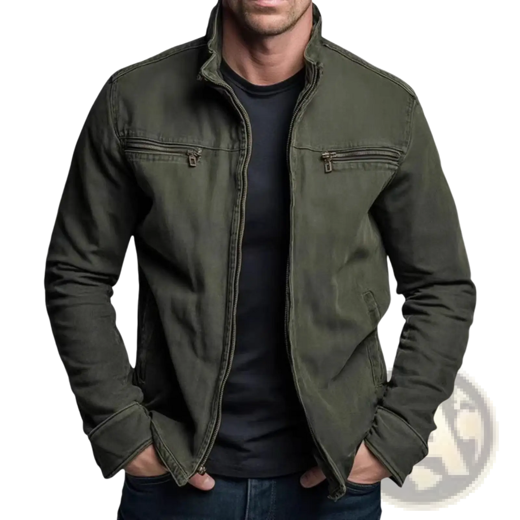 Men’s olive green faux leather workwear jacket with olive green canvas fabric stand-up collar and two front zippered pockets