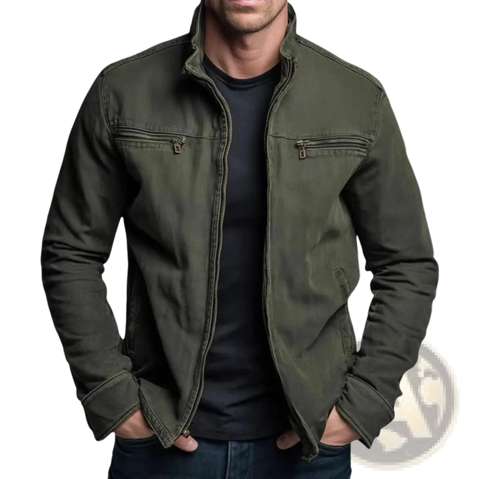 Men’s olive green faux leather workwear jacket with olive green canvas fabric stand-up collar and two front zippered pockets