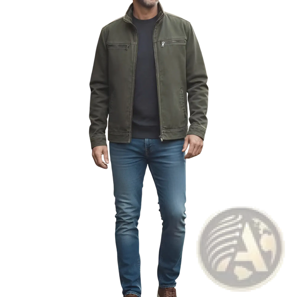 Men’s olive green faux leather workwear jacket with front zipper and two chest pockets made of canvas material