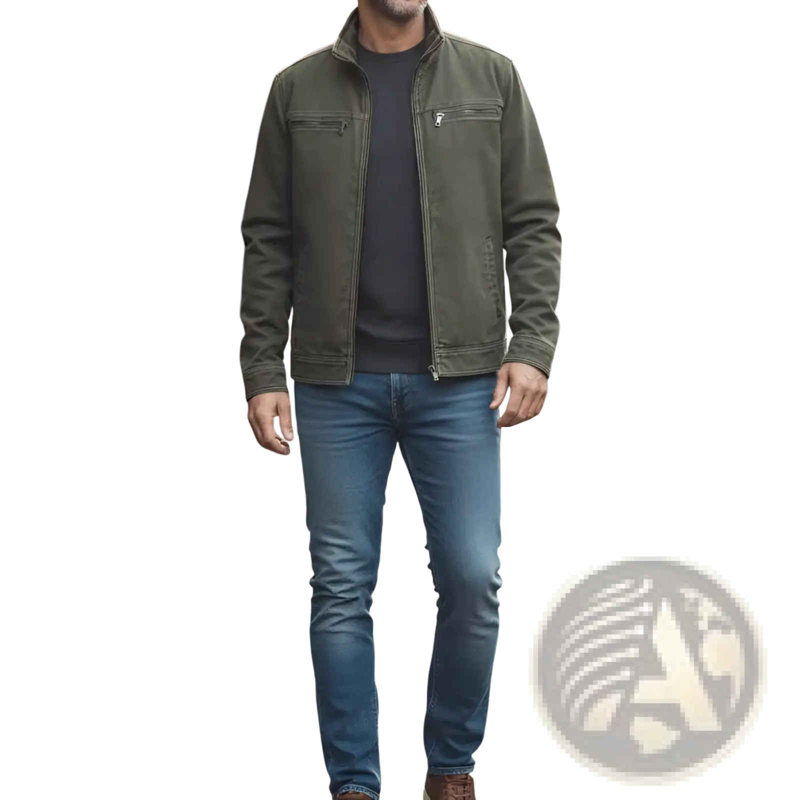 Men’s olive green faux leather workwear jacket with front zipper and two chest pockets made of canvas material