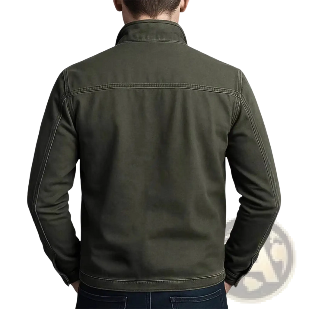 Men’s olive green faux leather workwear jacket made of denim with contrasting stitching shown from the back side
