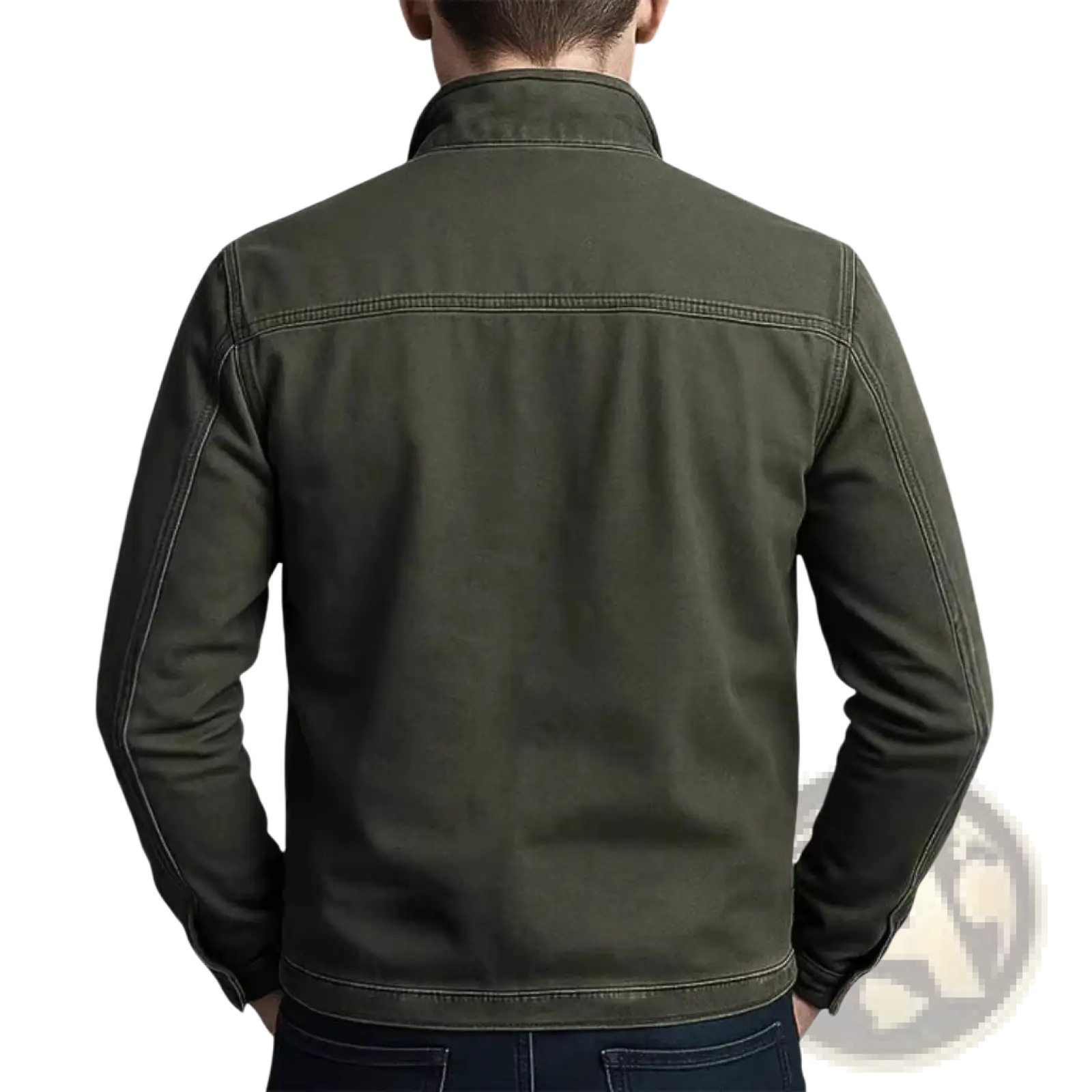 Men’s olive green faux leather workwear jacket made of denim with contrasting stitching shown from the back side