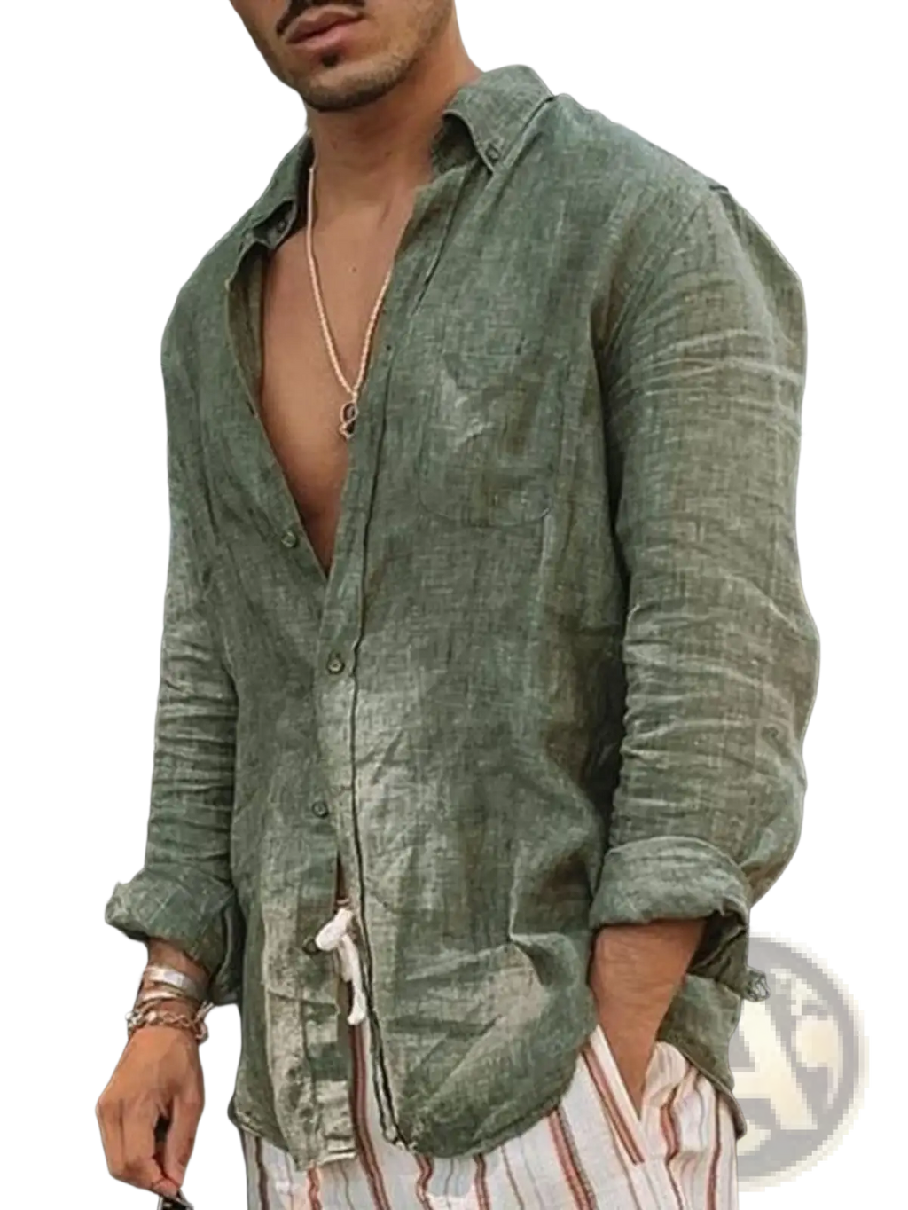 Men’s olive green linen casual shirt with button-down front rolled sleeves and drawstring hem for comfort