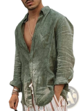 Men’s olive green linen casual shirt with button-down front rolled sleeves and drawstring hem for comfort