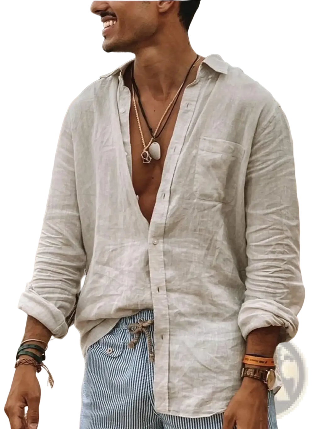 Men’s olive green linen casual shirt featuring light beige long sleeves with button-up front and rolled cuffs