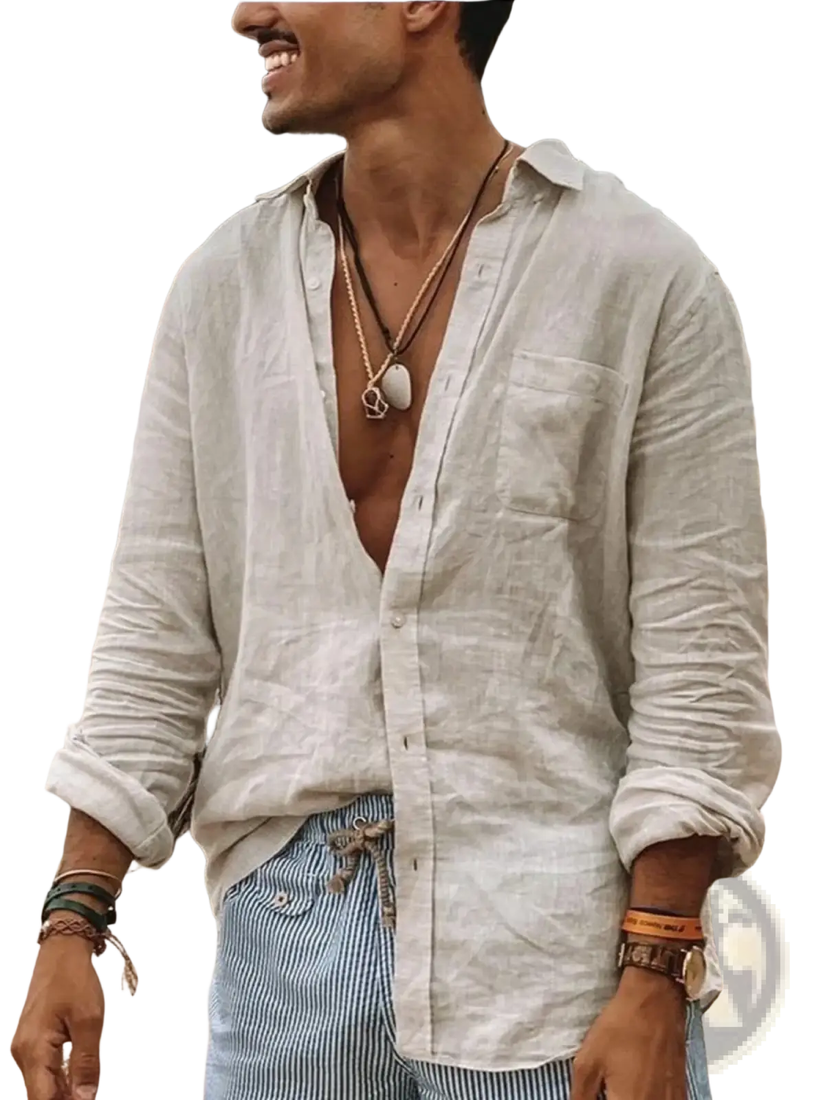 Men’s olive green linen casual shirt featuring light beige long sleeves with button-up front and rolled cuffs
